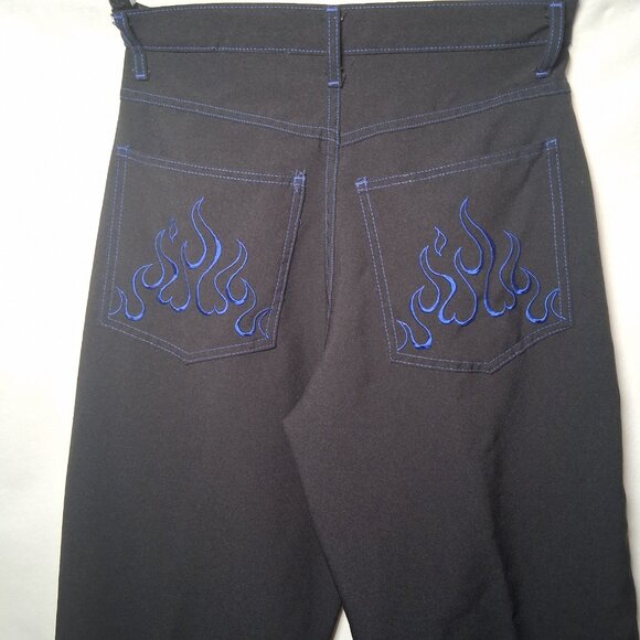 Johnny Suede Pants Men Size 30 Black Blue Stitching Flames Rockabilly Moto - Picture 8 of 15